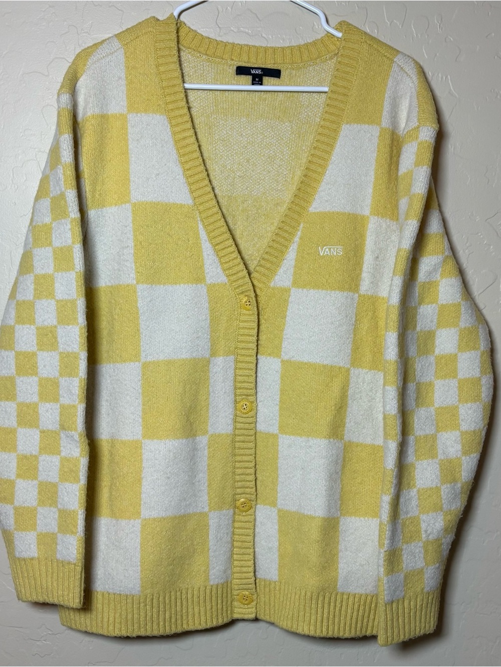 Vans Yellow and White Checkerboard V-Neck Cardigan With Pockets Medium